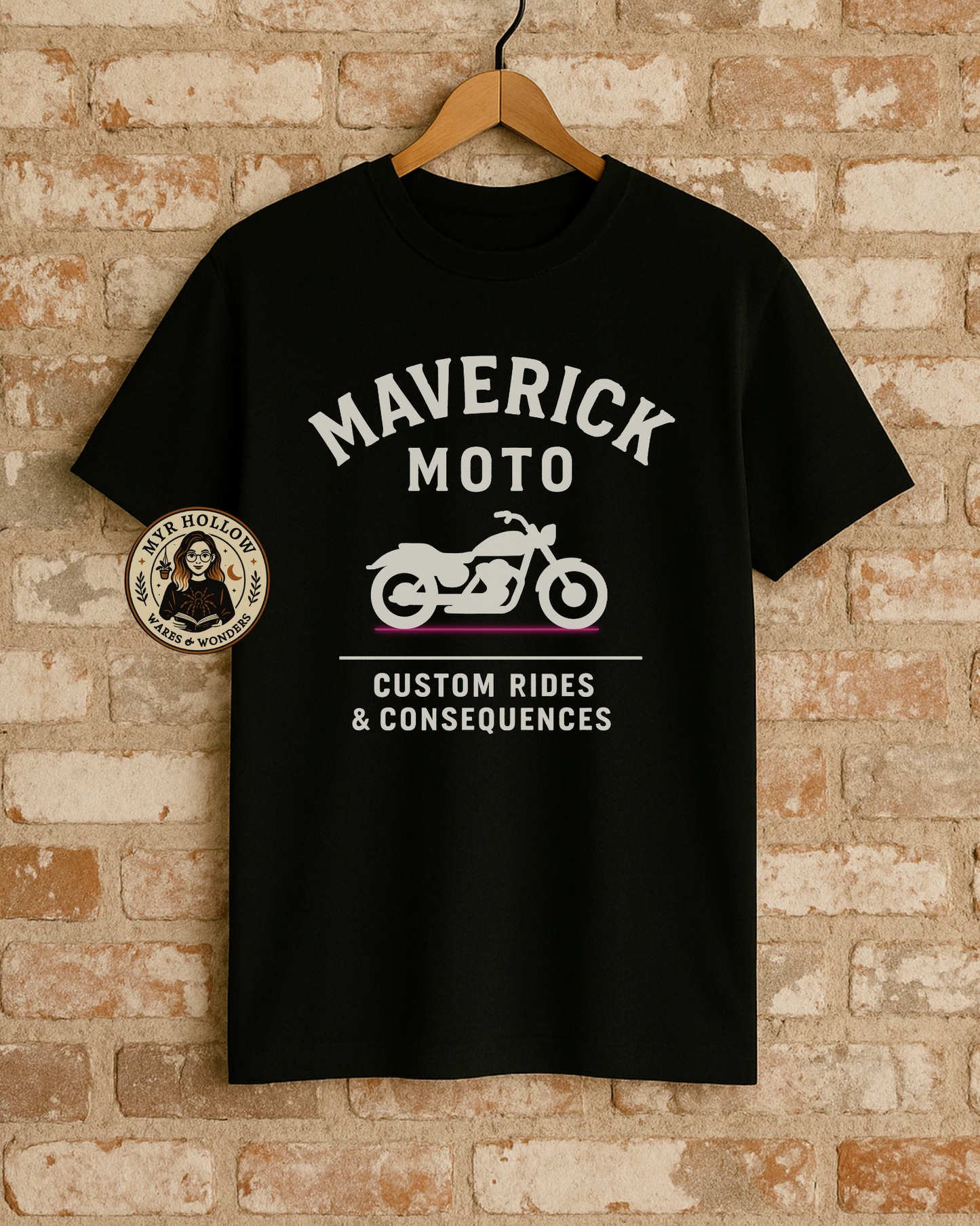 Black custom biker shirt with motorcycle graphic and text Maverick Moto Custom Rides and Consequences