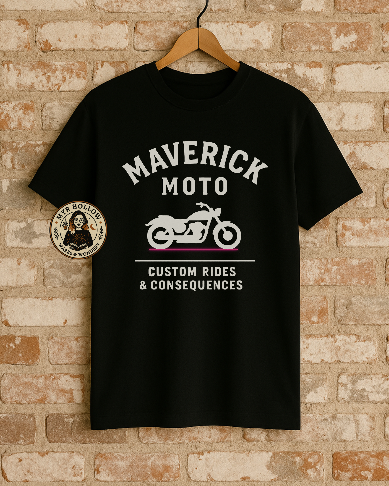 Black custom biker shirt with motorcycle graphic and text Maverick Moto Custom Rides and Consequences

